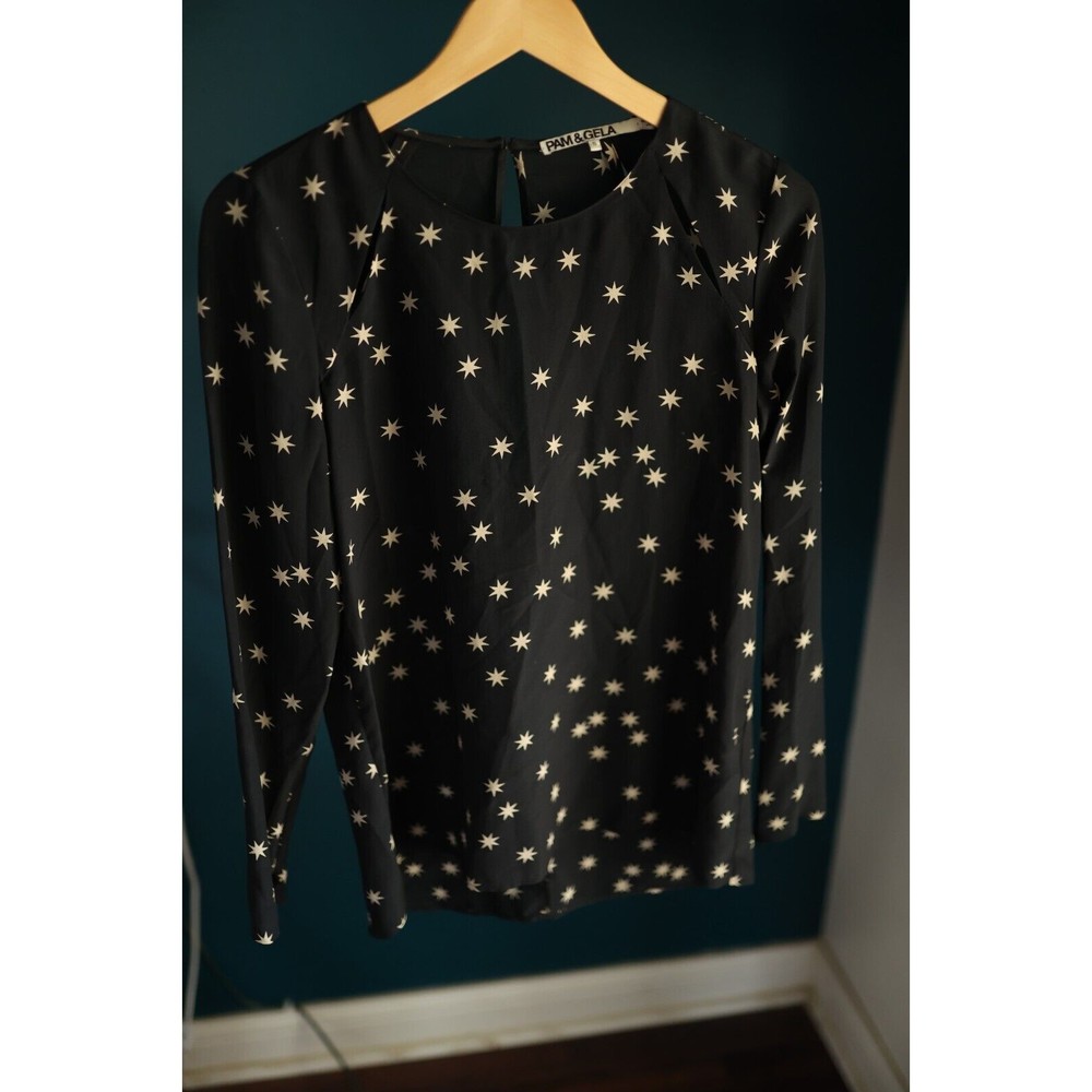 Pam & Gela Womens Long Sleeve 100% Silk Cut Out Top Black Size S